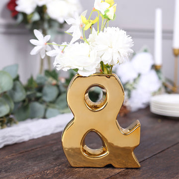 6" Shiny Gold Plated Ceramic Symbol "&" Sculpture Bud Vase, Flower Planter Pot Table Centerpiece
