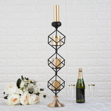 28" Tall 3-Tier Stacked Black Geometric Candle Holder with Amber Glass Votives & Gold Trim