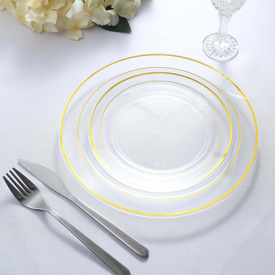 10 Pack | 8inch Très Chic Gold Rim Clear Disposable Salad Plates, Plastic Dessert Appetizer Plates